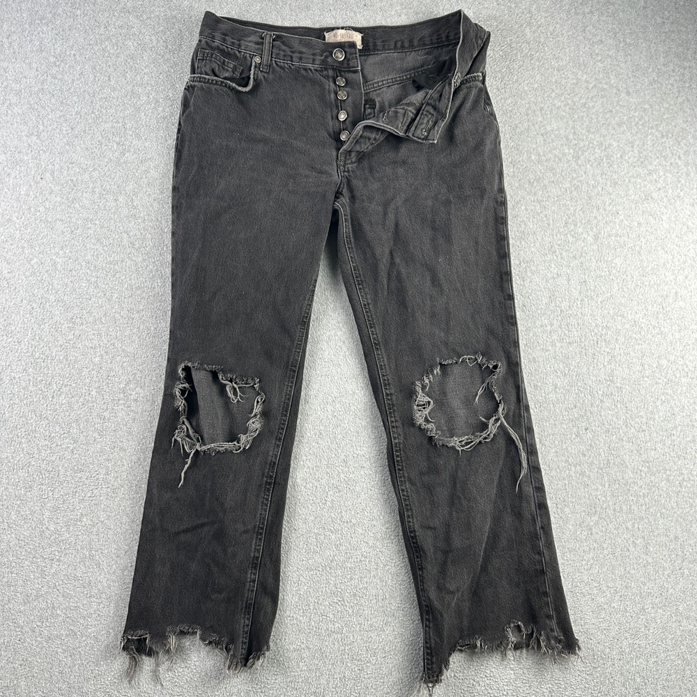 Free People Jeans Womens 27 We The Free Black Distressed Button Fly Straight